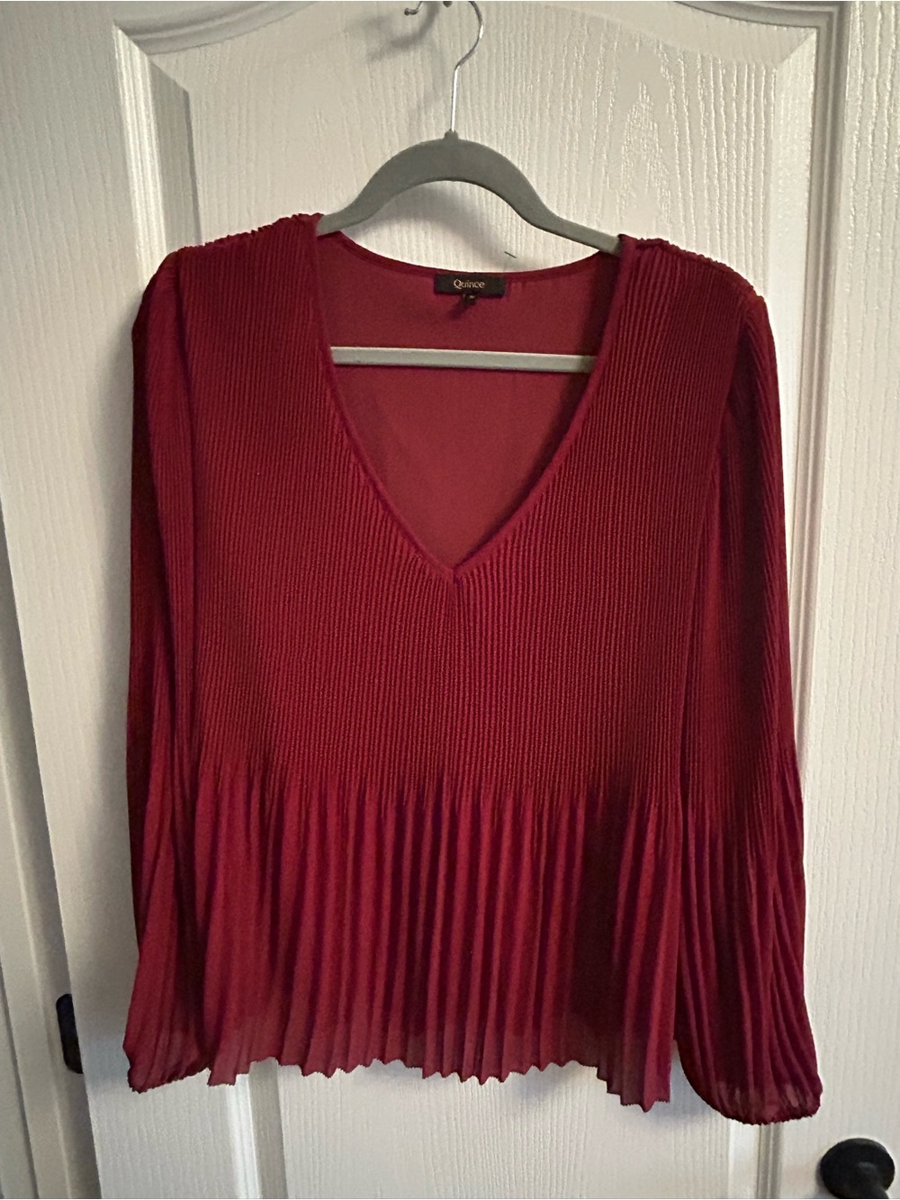 Quince Burgundy Pleated V-Neck Women’s Top
